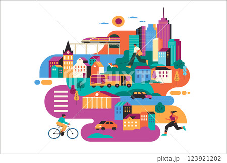 Colorful Urban Life Illustration. Modern Cityscape with People, Transportation, and Skyscrapers. Colorful Urban Life Illustration. Modern Cityscape with People, Transportation, and Skyscrapers. 123921202