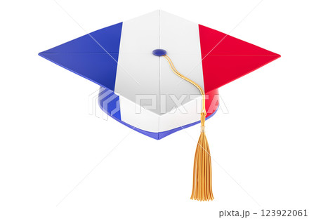 Graduation cap with French flag. Education in France or learn French language, concept. 3D rendering Graduation cap with French flag. Education in France or learn French language, concept. 3D rendering 123922061