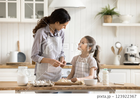 Young mother teaching small girl to make pies from dough Young mother teaching small girl to make pies from dough 123922367