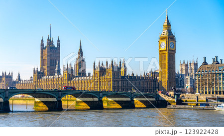 Under a clear blue sky, the iconic Houses of Parliament and Big Ben tower majestically over Westminster Bridge. A red double-decker bus crosses the bridge, adding vibrancy to the historic scene. Under a clear blue sky, the iconic Houses of Parliament and Big Ben tower majestically over Westminster Bridge. A red double-decker bus crosses the bridge, adding vibrancy to the historic scene. 123922428