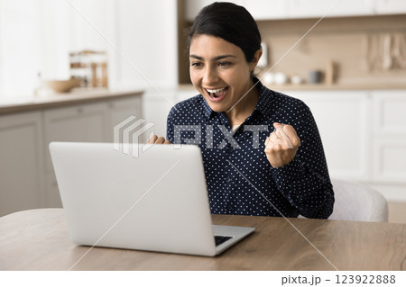 Excited businesswoman freelancer raise fist yes looking on notebook screen 123922888