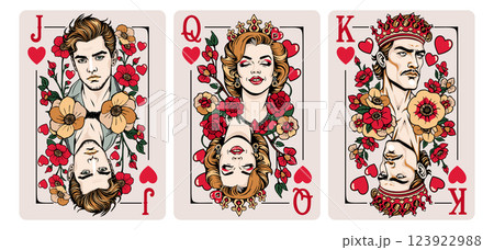 Jack of Hearts, Queen of Hearts, King of Hearts. Playing card vector set 123922988