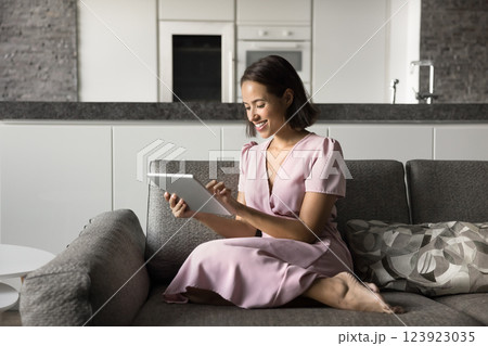 Attractive woman using modern digital tablet sitting on cozy sofa 123923035