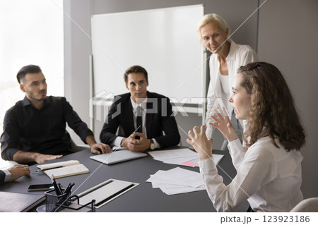 Business team with leader listen to teammate speaking on training Business team with leader listen to teammate speaking on training 123923186