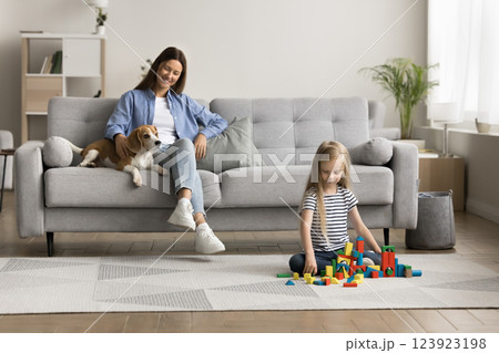 Lovely family with dog spend carefree leisure in living room Lovely family with dog spend carefree leisure in living room 123923198