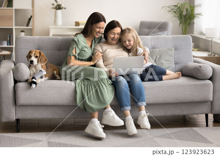 Little grandchild spend time on internet with family and dog Little grandchild spend time on internet with family and dog 123923623