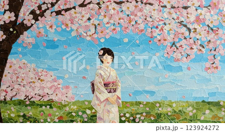 桜と着物の女性の和紙のちぎり絵 123924272