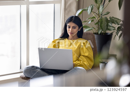 Focused Indian woman sitting in armchair at home using laptop Focused Indian woman sitting in armchair at home using laptop 123924597