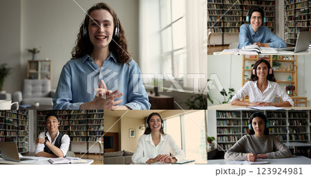 Multiple videos group of multiethnic students make videocall Multiple videos group of multiethnic students make videocall 123924981