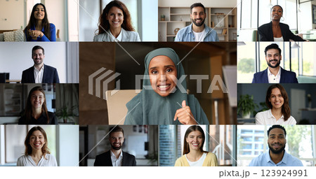 Businesswoman in hijab attire make speech take part in videocall Businesswoman in hijab attire make speech take part in videocall 123924991