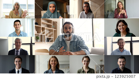 Teleconference of different age and race businesspeople, collage view Teleconference of different age and race businesspeople, collage view 123925007