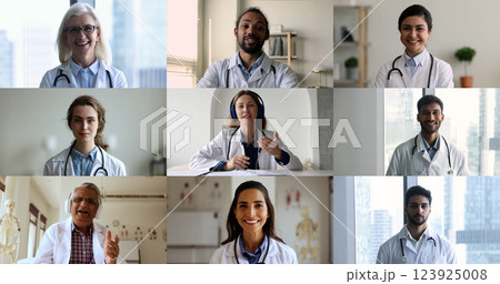 Video call of group multiethnic physicians, collage view 123925008