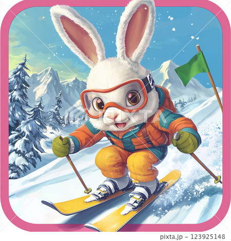 cute bunny skiing down snowy mountain 123925148