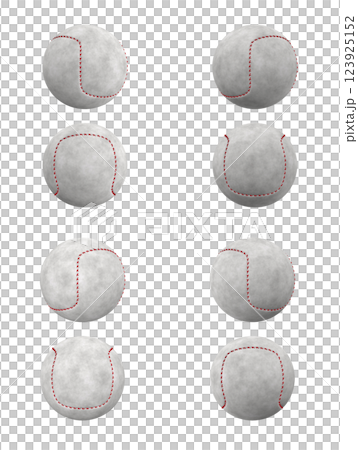 Eight white baseballs with red stitching are evenly arranged on a white background. Each ball shows a different angle of stitching. 123925152