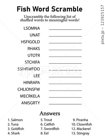 Fish Word Scramble and Puzzle, Animals Leisure, Hobby and Fun Educational Game for Kids, Teens and Adults 123925157