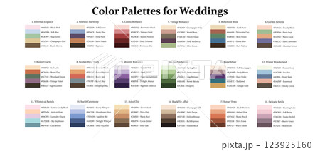 Color Palettes 18x5 Swatches for Weddings - Monochrome, Cool, Warm, Neutral, Mix Colors - with HEX Codes and Names, Colour Scheme and Combinations Color Palettes 18x5 Swatches for Weddings - Monochrome, Cool, Warm, Neutral, Mix Colors - with HEX Codes and Names, Colour Scheme and Combinations 123925160