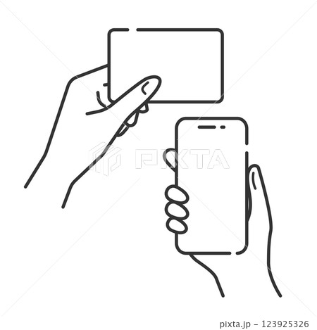 手に持った白いカードにスマホをかざすイラスト・アイコン (線画・モノクロ) 手に持った白いカードにスマホをかざすイラスト・アイコン (線画・モノクロ) 123925326