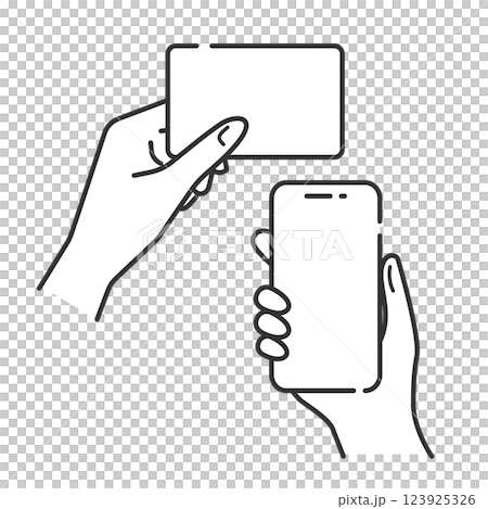手に持った白いカードにスマホをかざすイラスト・アイコン (線画・モノクロ) 手に持った白いカードにスマホをかざすイラスト・アイコン (線画・モノクロ) 123925326
