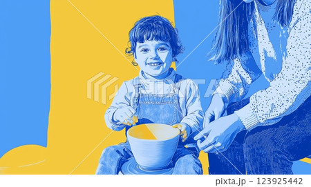A white child attending a pottery workshop Pop art aesthetics illustration. 123925442