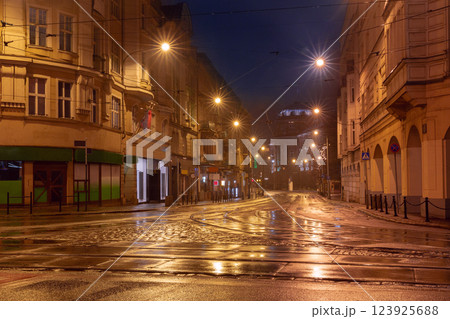 Wet Night Street with Historic Buildings in Poznan, Poland 123925688