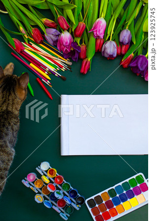 Tulips with watercolor blank paper and colored pencils Tulips with watercolor blank paper and colored pencils 123925745