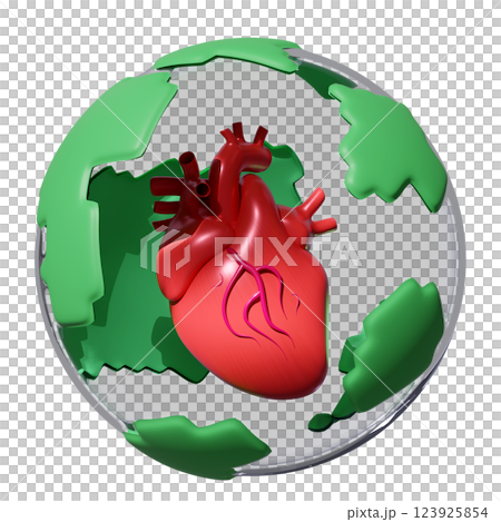 3d realistic human heart in globe transparent isolated. health love, world heart day concept, 3d illustration render 123925854