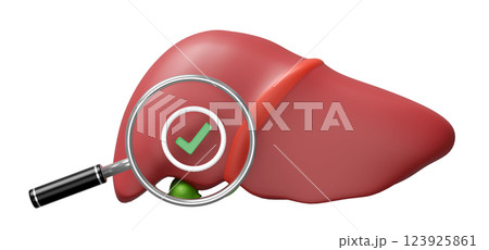 3d realistic human liver with magnifying glass, check mark isolated. check liver health concept, 3d illustration render 3d realistic human liver with magnifying glass, check mark isolated. check liver health concept, 3d illustration render 123925861