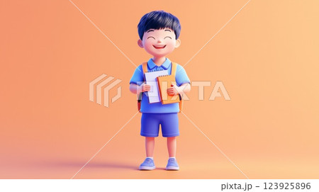 A neat Asian boy packing his backpack Linear minimalistic illustration. A neat Asian boy packing his backpack Linear minimalistic illustration. 123925896