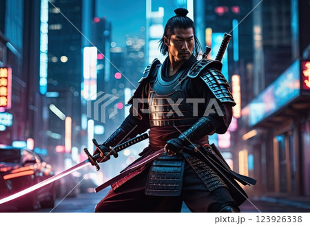 Portrait of an Asian samurai in a modern evening city that glows, with a sword in his hands Portrait of an Asian samurai in a modern evening city that glows, with a sword in his hands 123926338