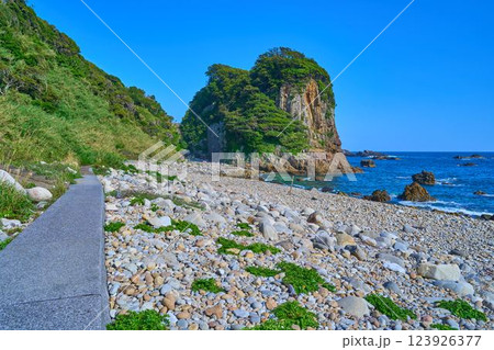 高知県 足摺岬の白山洞門の海岸遊歩道から洞門の花崗岩の山と白山神社鳥居を見る 123926377