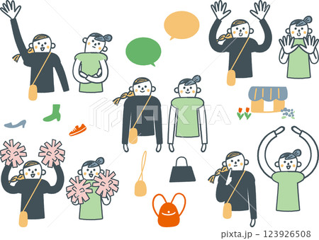 主に他者へのアプローチ　二人の女性の様々な表情　セットのストックイラスト素材 123926508