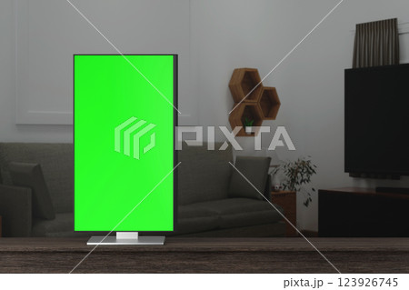 Laptop open to show green screen close up display in living room, 3D rendering Laptop open to show green screen close up display in living room, 3D rendering 123926745