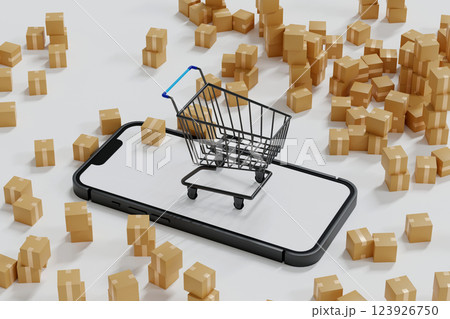 Parcel drop in supermarket cart on mobile phone and go ahead, online shopping, 3D rendering. Parcel drop in supermarket cart on mobile phone and go ahead, online shopping, 3D rendering. 123926750