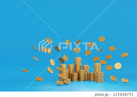 Falling gold dollar coins money on blue background, business banking and financial concept,3D render Falling gold dollar coins money on blue background, business banking and financial concept,3D render 123926755