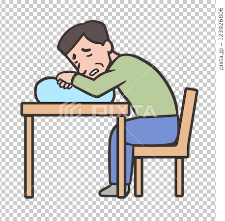 Orthopnea, a middle-aged man sitting in a chair and leaning against a cushion 123926806