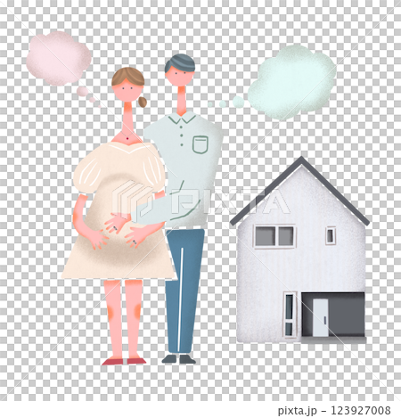 手繪插畫:一對新婚夫婦懷著孩子在家門前思考 手繪插畫:一對新婚夫婦懷著孩子在家門前思考 123927008