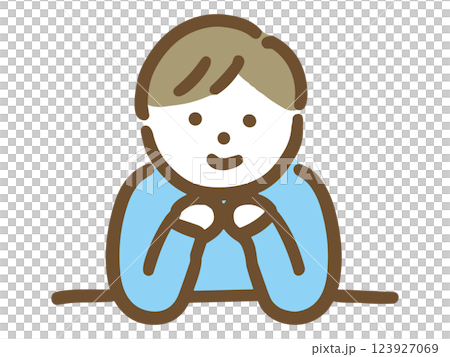 机に座って話を聞こうとしている男性 机に座って話を聞こうとしている男性 123927069