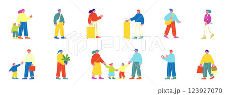 沢山の人々のベクターイラストセット。買い物をしたり、親子で出かけている楽しい雰囲気のフラットデザイン 123927070