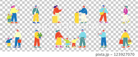 沢山の人々のベクターイラストセット。買い物をしたり、親子で出かけている楽しい雰囲気のフラットデザイン 123927070