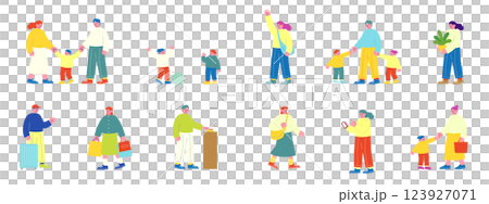 一組許多人的向量插圖。扁平化設計，父母與孩子外出購物的歡樂氛圍 123927071