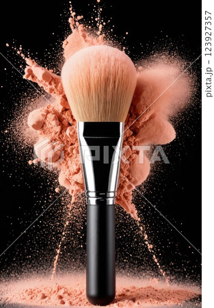 Make-up brush with Peach Fuzz powder explosion isolated in a black background with Generative AI. 123927357