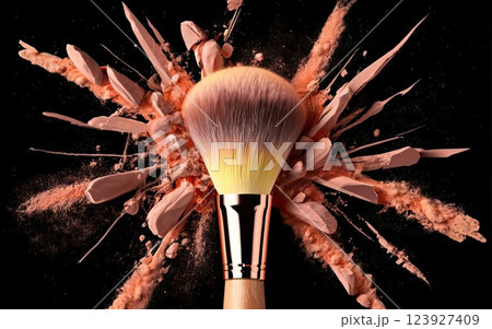 Make-up brush with Peach Fuzz powder explosion isolated in a black background with Generative AI. 123927409