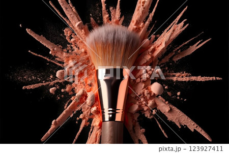 Make-up brush with Peach Fuzz powder explosion isolated in a black background with Generative AI. 123927411
