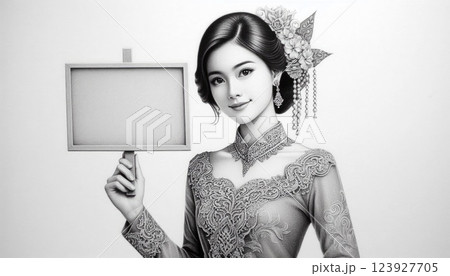 Elegant Asian Woman in Indonesia Traditional batik Holding a Blank Sign with Generative AI. Elegant Asian Woman in Indonesia Traditional batik Holding a Blank Sign with Generative AI. 123927705