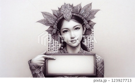 Elegant Asian Woman in Indonesia Traditional batik Holding a Blank Sign with Generative AI. 123927713