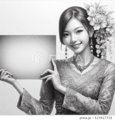 Elegant Asian Woman in Indonesia Traditional batik Holding a Blank Sign with Generative AI. Elegant Asian Woman in Indonesia Traditional batik Holding a Blank Sign with Generative AI. 123927719