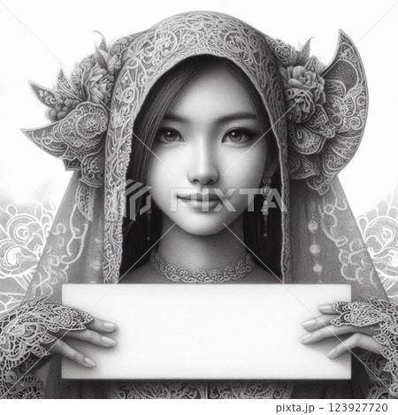Elegant Asian Woman in Indonesia Traditional batik Holding a Blank Sign with Generative AI. 123927720