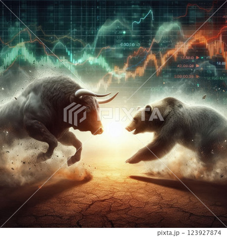 Bull vs Bear Battle , Stock Market Volatility with Financial Chart with Generative AI. Bull vs Bear Battle , Stock Market Volatility with Financial Chart with Generative AI. 123927874