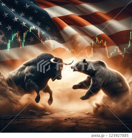 Bull vs Bear Battle , Stock Market Volatility with American Flag and Financial Chart with Generative AI. Bull vs Bear Battle , Stock Market Volatility with American Flag and Financial Chart with Generative AI. 123927885