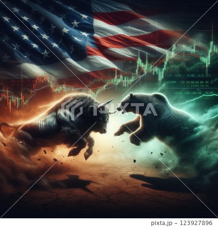 Bull vs Bear Battle , Stock Market Volatility with American Flag and Financial Chart with Generative AI. Bull vs Bear Battle , Stock Market Volatility with American Flag and Financial Chart with Generative AI. 123927896